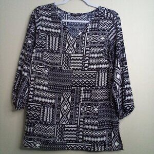 Mario Serrani Blouse Women S Long Sleeve V-Neck Pattern Black White